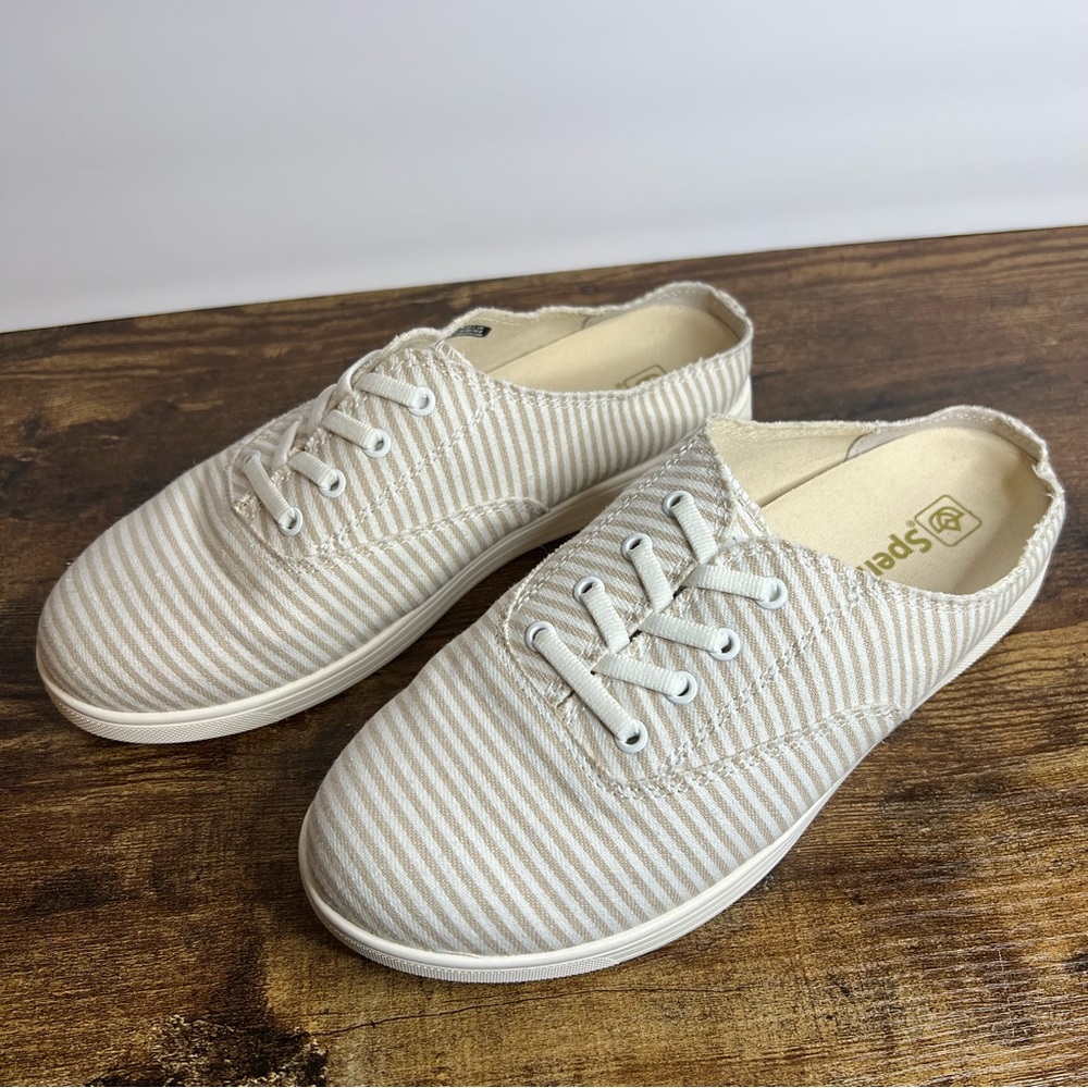 canvas mules slip on shoes tan white stripes Spenco Santa Rosa women's 9 - Picture 3 of 14